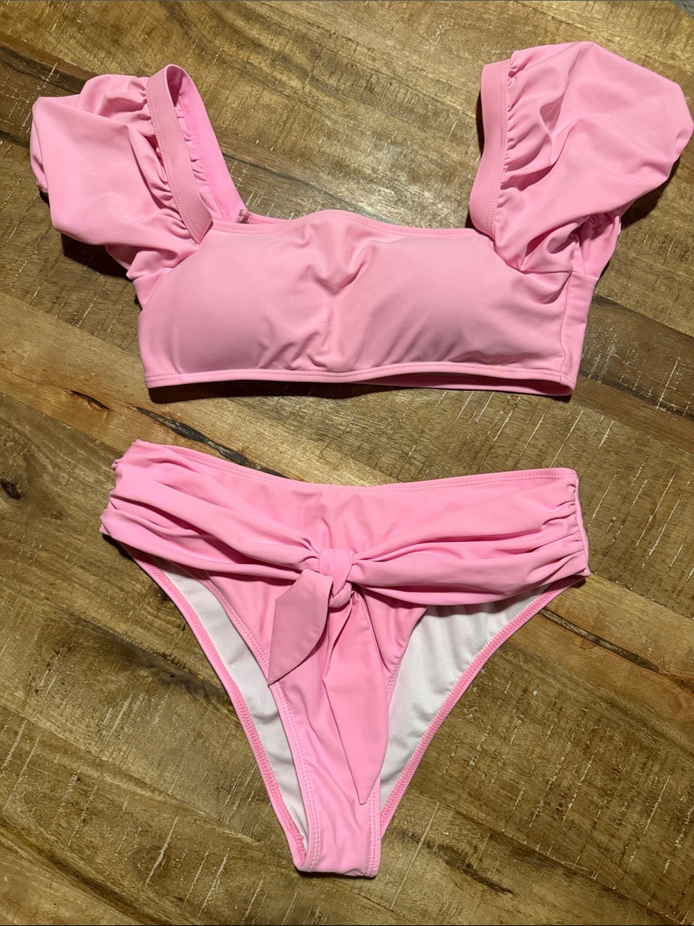 SHEIN Pink Ruffle-Sleeve Knot Front Bikini Set